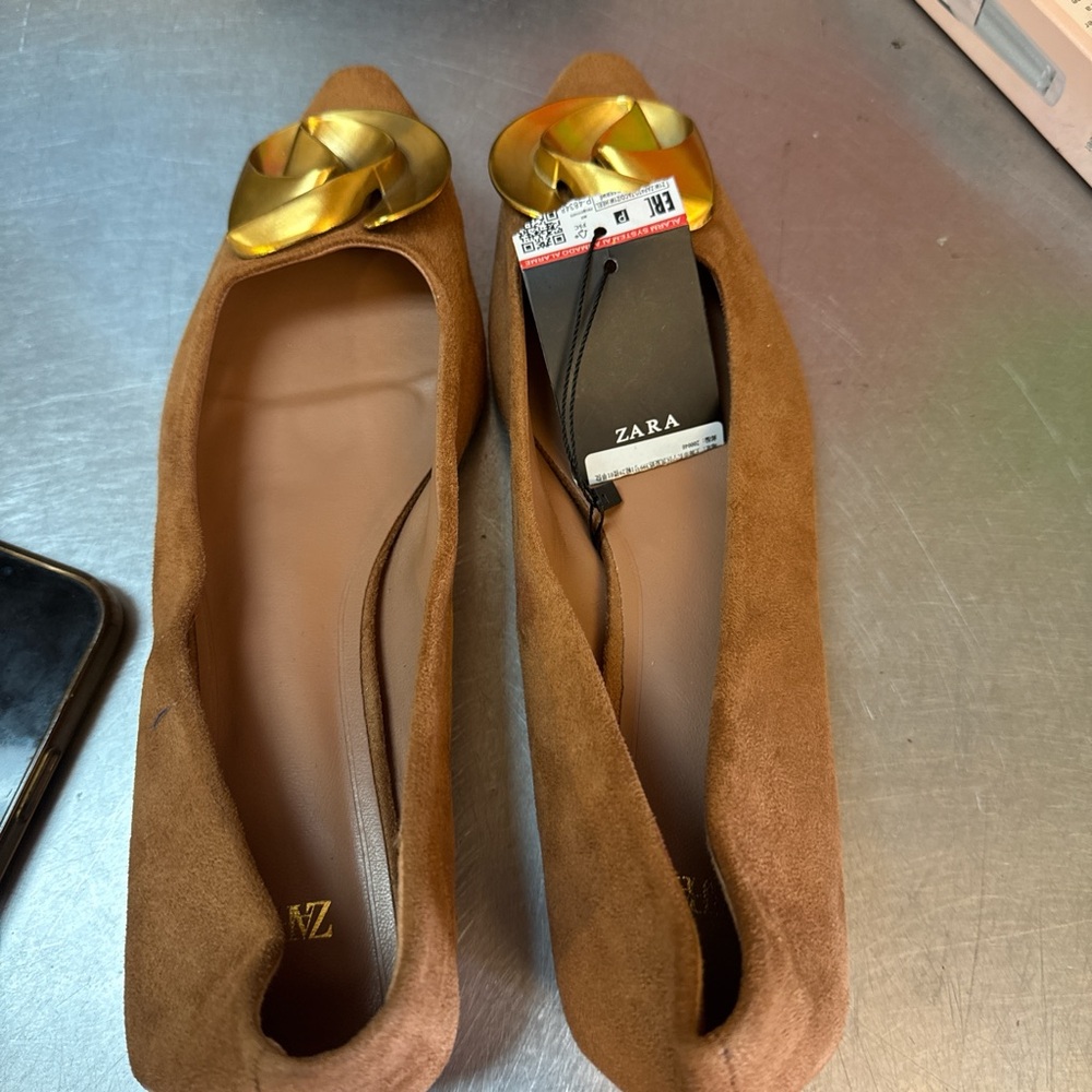 Zara Brown Suede Flats with Gold Accent